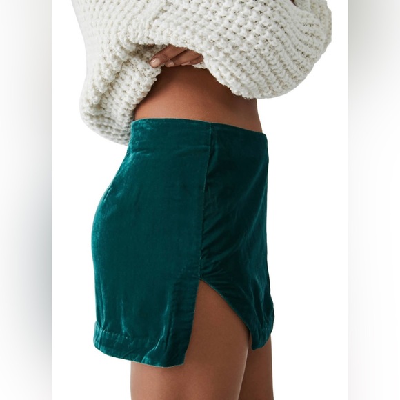 Free People Annalise Velvet Mini Skirt ✨Deep Teal Size 2 | slit boho short - Picture 8 of 16